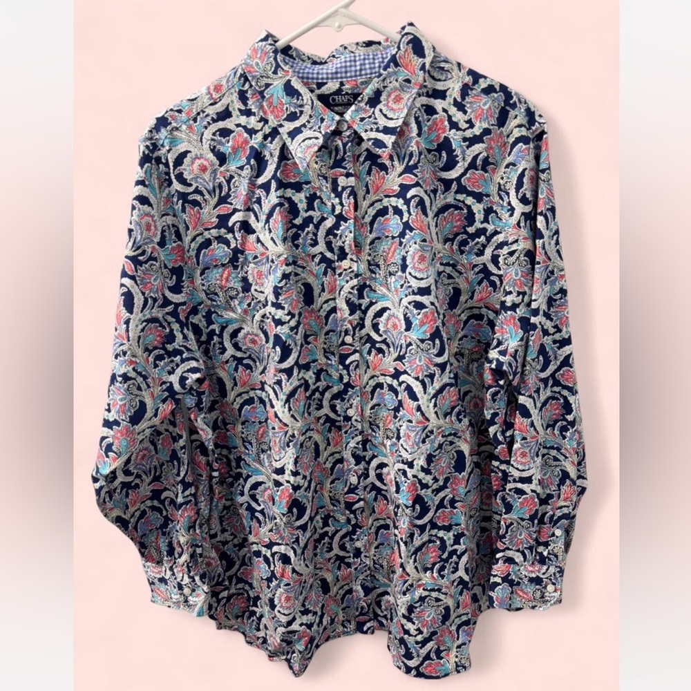 Chaps Men's Casual Paisley Shirt - Navy and Coral